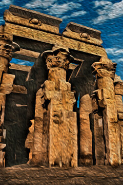 Columns covered with hieroglyphics made by the ancient Egyptians in the Kom Ombo temple near Aswan. A village of huge archaeological value next to the Nile River in southern Egypt. Oil paint filter.