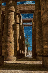 Columns covered by hieroglyphics made by the ancient Egyptians in the Karnak Temple near Luxor. An open-air museum with many ruins of temples and tombs in central Egypt. Oil paint filter.