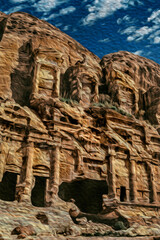 Facade of an eroded temple carved out from the rock in the ancient archeological site of Petra. An amazing historic city with buildings carved out of the cliffs in southern Jordan. Oil paint filter.