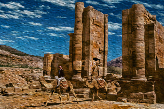 Bedouin riding dromedary through a temple in the ancient archeological site of Petra. An amazing historic city with buildings carved out of the cliffs in southern Jordan. Oil paint filter.