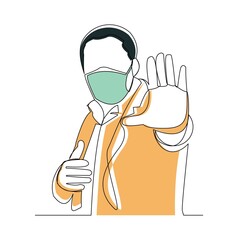 Continuous line drawing of man wearing surgical mask to protect disease, flu, air pollution, pandemic, virus. Vector illustration
