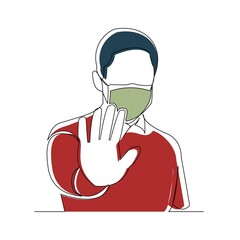 Continuous line drawing of man wearing surgical mask to protect disease, flu, air pollution, pandemic, virus. Vector illustration