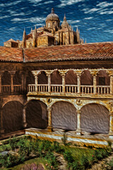 Fototapeta premium Columns and arches in central courtyard of a cloister in a gothic monastery of Salamanca. This lovely medieval town is one of the most important university cities in Spain. Oil paint filter.
