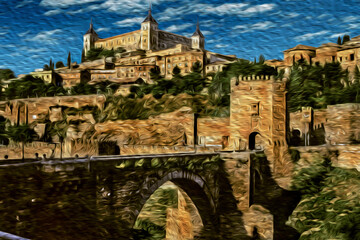 View of gothic bridge and hill covered by old buildings in the historic center of Toledo. A medieval city famous for the production of exceptional bladed weapons, in central Spain. Oil paint filter.