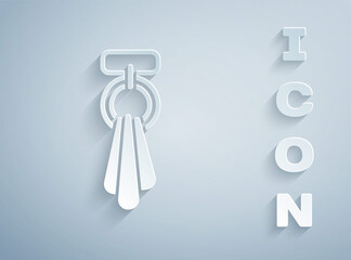 Paper cut Towel on a hanger icon isolated on grey background. Bathroom towel icon. Paper art style. Vector.