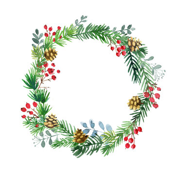 Christmas wreath. Ornaments from the branches painted with watercolors on white background. Branches of trees. 