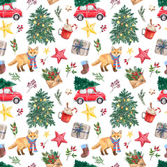 Festive Christmas seamless pattern. Watercolor hand drawn fox in scarf, holiday fir tree, red car, hot drink, stars, gifts, berries on white background. Cheerful winter wallpaper. cartoon illustration