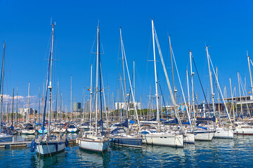 Fototapeta premium Port Olimpic Barcelona. Boats in the harbor
