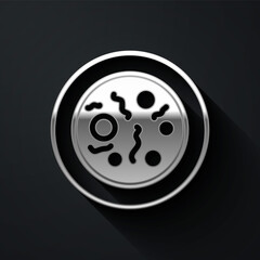 Silver Petri dish with bacteria icon isolated on black background. Long shadow style. Vector.