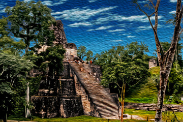 Steep temple-pyramid in the middle of forest at the ancient city of Tikal. One of the largest archaeological sites and urban centers of the Maya civilization, in north Guatemala. Oil paint filter.