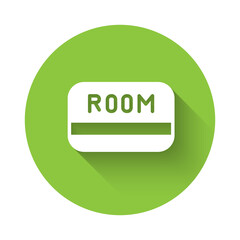 White Hotel key card from the room icon isolated with long shadow. Access control. Touch sensor. System safety, protection. Green circle button. Vector.