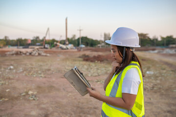 Asian engineer working at site of a large building project,Thailand people,Work overtime at construction site