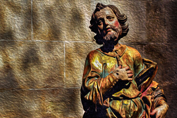 Fototapeta na wymiar Religious sculpture of a saint in baroque style in a church from Porto. An old city located along the Douro River estuary and the second-largest city in Portugal. Oil paint filter.