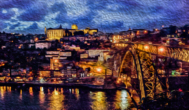 Bridge over Douro River and buildings in the night skyline of Porto historic city center. An old city located along the Douro River estuary and the second-largest city in Portugal. Oil paint filter.