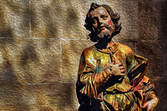 Religious sculpture of a saint in baroque style in a church from Porto. An old city located along the Douro River estuary and the second-largest city in Portugal. Oil paint filter.