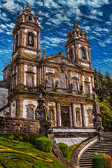 Fototapeta premium Braga, Portugal – July 18, 2002. Baroque facade of church and garden at the Bom Jesus do Monte Sanctuary near Braga. A historic and important tourist attraction in norther Portugal. Oil paint filter.