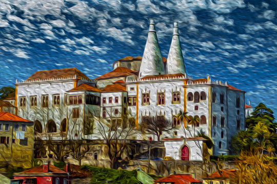 Palace of Sintra, the former summer residence of the royal family, on top of a hill in the historic center of Sintra. A major tourism destination within the Portuguese Riviera. Oil paint filter.