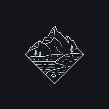 mono line art vector of mountain and river illustration.