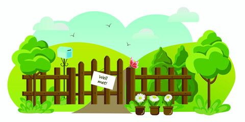 Colorful vector image of a wooden fence surrounded by green trees. Welcome sign. Clouds, path and butterfly.
