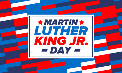 Martin Luther King, Jr. Day. Celebrated annual in United States in January, federal holiday. African American Rights Fighter. Patriotic american elements. Poster, card, banner, background. Vector