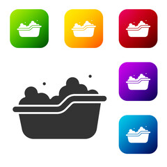 Black Baby bathtub with foam bubbles inside icon isolated on white background. Set icons in color square buttons. Vector.