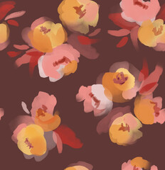 Painted floral seamless pattern. Watercolor painterly flower bouquets in burgundy, pink, yellow, orange. Feminine print for textile, fabric, fashion, gifts, wallpaper. 