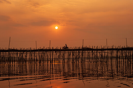 Motorbike at sunset, Ko Paen Bamboo bridge, Kompong Cham, Cambodia. This temporary bamboo bridge is reconstructed every year to span a contributory to the Mekong from main city to an island.