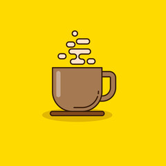 Simple cup of coffee vector illustration isolated on yellow background. Linear color style of coffee icon