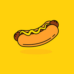 Simple hot dog vector illustration isolated on yellow background. Hot dog linear color style icon