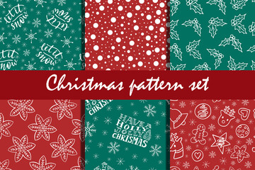 Christmas doodle seamless pattern set of 6, winter holidays season red and green backgrounds vector for cards, banners, wrapping paper, posters, scrapbooking, pillow, cups and fabric design. 