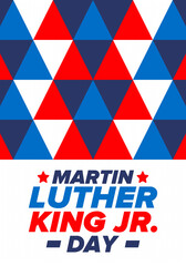 Martin Luther King, Jr. Day. Celebrated annual in United States in January, federal holiday. African American Rights Fighter. Patriotic american elements. Poster, card, banner, background. Vector