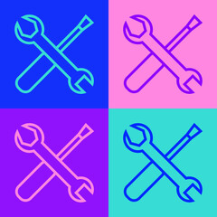Pop art line Screwdriver and wrench spanner tools icon isolated on color background. Service tool symbol. Vector Illustration.