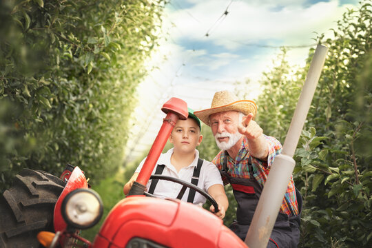 That way. Farmer and grandson driving tractor