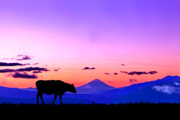 朝焼けの空に富士山のシルエットを背景に、高原の牧場を歩く牛のシルエット