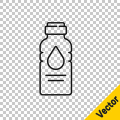 Black line Bottle of water icon isolated on transparent background. Soda aqua drink sign. Vector Illustration.