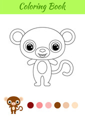 Coloring book little baby monkey. Coloring page for kids. Educational activity for preschool years kids and toddlers with cute animal. Black and white vector stock illustration.