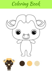 Coloring book little baby musk ox. Coloring page for kids. Educational activity for preschool years kids and toddlers with cute animal. Black and white vector stock illustration.