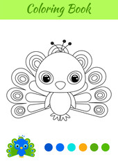 Coloring book little baby peacock. Coloring page for kids. Educational activity for preschool years kids and toddlers with cute animal. Black and white vector stock illustration.