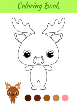 Coloring book little baby moose. Coloring page for kids. Educational activity for preschool years kids and toddlers with cute animal. Black and white vector stock illustration.