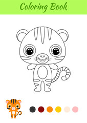 Coloring book little baby tiger. Coloring page for kids. Educational activity for preschool years kids and toddlers with cute animal. Black and white vector stock illustration.