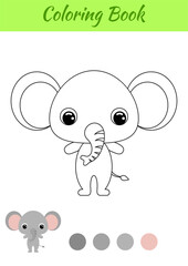 Coloring book little baby elephant. Coloring page for kids. Educational activity for preschool years kids and toddlers with cute animal. Black and white vector stock illustration.
