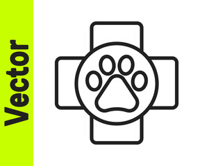Black line Veterinary clinic symbol icon isolated on white background. Cross hospital sign. A stylized paw print dog or cat. Pet First Aid sign. Vector.