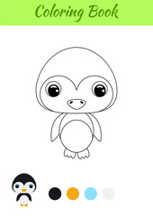 Coloring book little baby penguin. Coloring page for kids. Educational activity for preschool years kids and toddlers with cute animal. Black and white vector stock illustration.