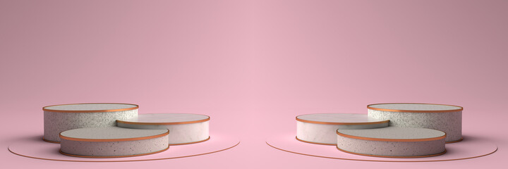 3D rendering of Round marble Pedestal, Podium for display product on the pink floor. Pedestal can be used for commercial advertising, Isolated on pink background, Product Presentation, illustration.
