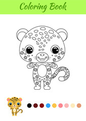 Coloring book little baby cheetah. Coloring page for kids. Educational activity for preschool years kids and toddlers with cute animal. Black and white vector stock illustration.