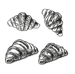 Croissant and sweet buns pattern. background with a french croissant. Hand drawn sketch.