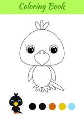 Coloring book little baby raven. Coloring page for kids. Educational activity for preschool years kids and toddlers with cute animal. Black and white vector stock illustration.