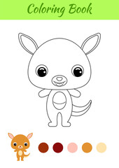 Coloring book little baby kangaroo. Coloring page for kids. Educational activity for preschool years kids and toddlers with cute animal. Black and white vector stock illustration.
