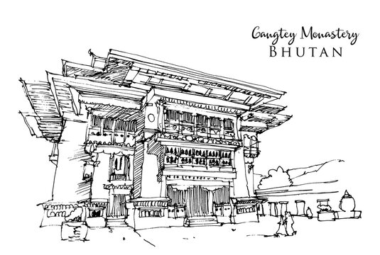 Drawing sketch illustration of Gangtey Monastery in Nyingmapa, Bhutan