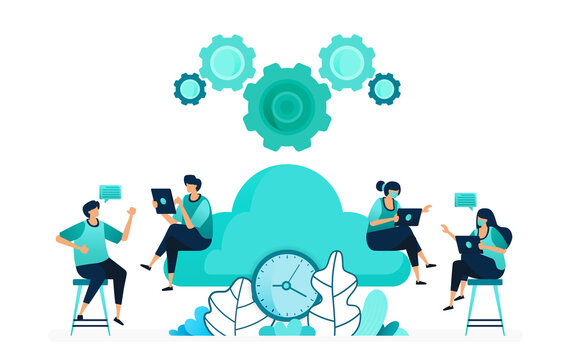vector illustration of computing time on storage and hosting servers. manage cloud network timing. group of women and men workers. designed for website, web, landing page, apps, ui ux, poster, flyer